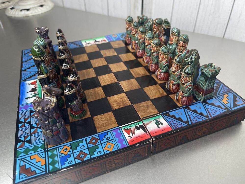 VTG Handmade Portable Chess Set Aztec Mayan Incas VS Spanish Conquistadors
